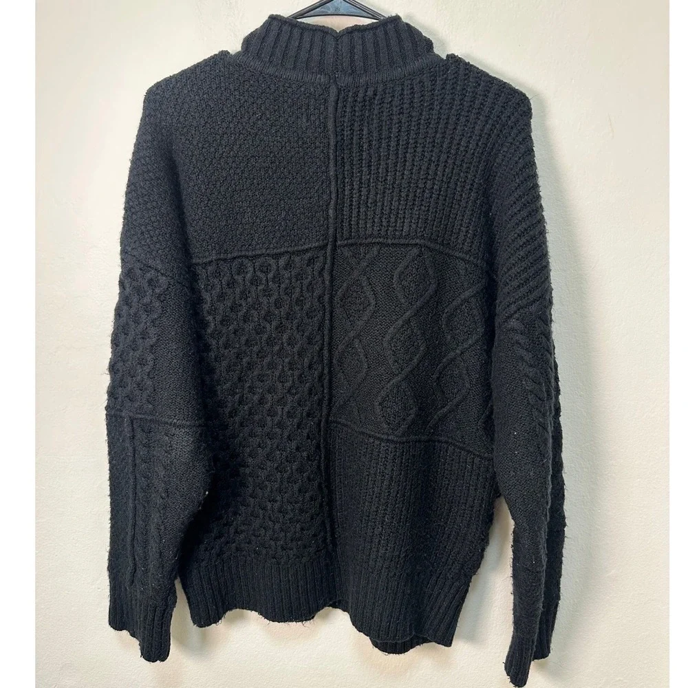 VTG American Eagle Mock Neck Patchwork Knit Sweater Black M Ribbed Cable Knit